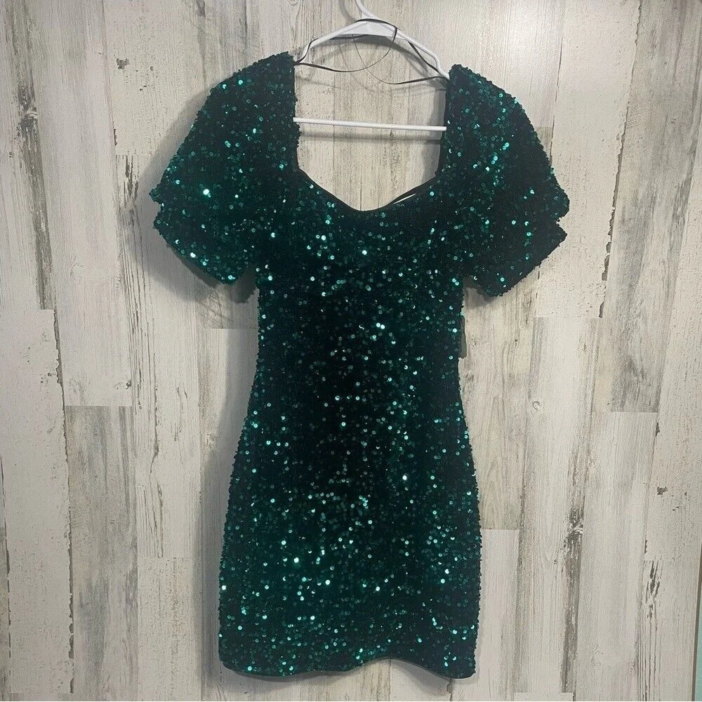 Altard State Candice Sequin Puff Sleeve Dress Green Hunter Black sz‎ M NWT Party